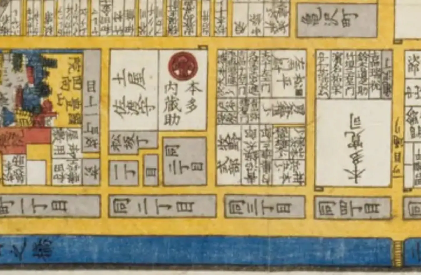 本所絵図の松坂町周辺。白い武家屋敷の区画と、灰色の町家の区画が道を挟んで並ぶ