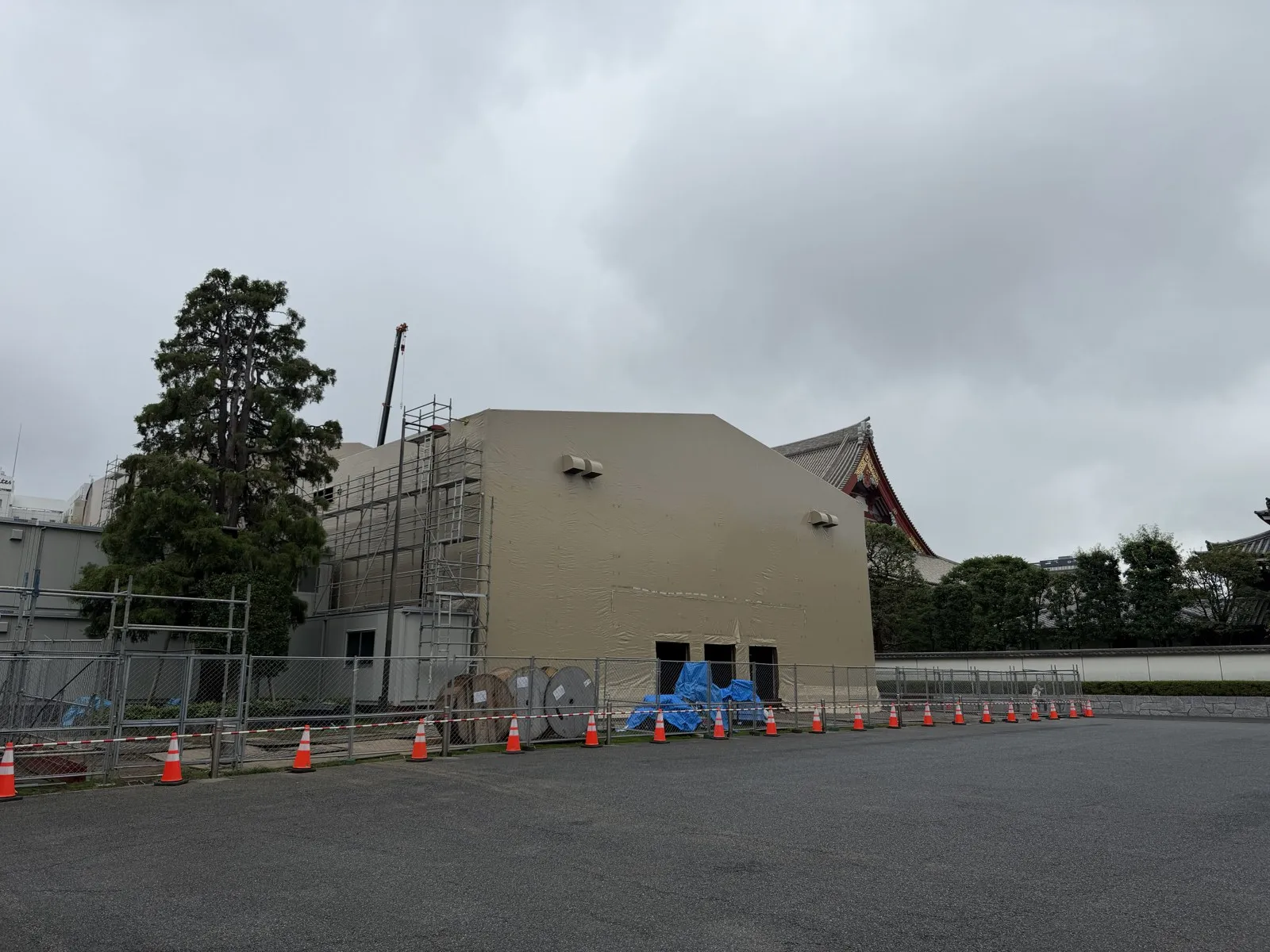 浅草寺本堂裏に組み上がった平成中村座の仮設劇場。ベージュの外壁シートと足場、背後に本堂の屋根